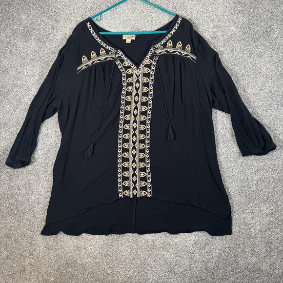 Oneworld Peasant Tunic Top 3XL Gold Embroidered Boho Hippie Artsy Festival Flowy - Picture 1 of 10